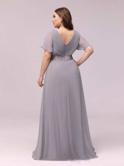Long Empire Waist Bridesmaid Dress with Short Flutter Sleeves