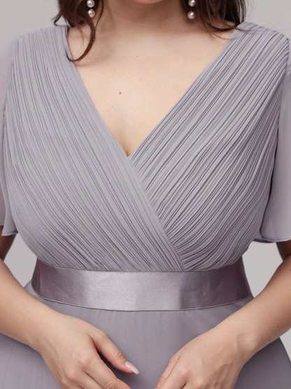 Long Empire Waist Bridesmaid Dress with Short Flutter Sleeves