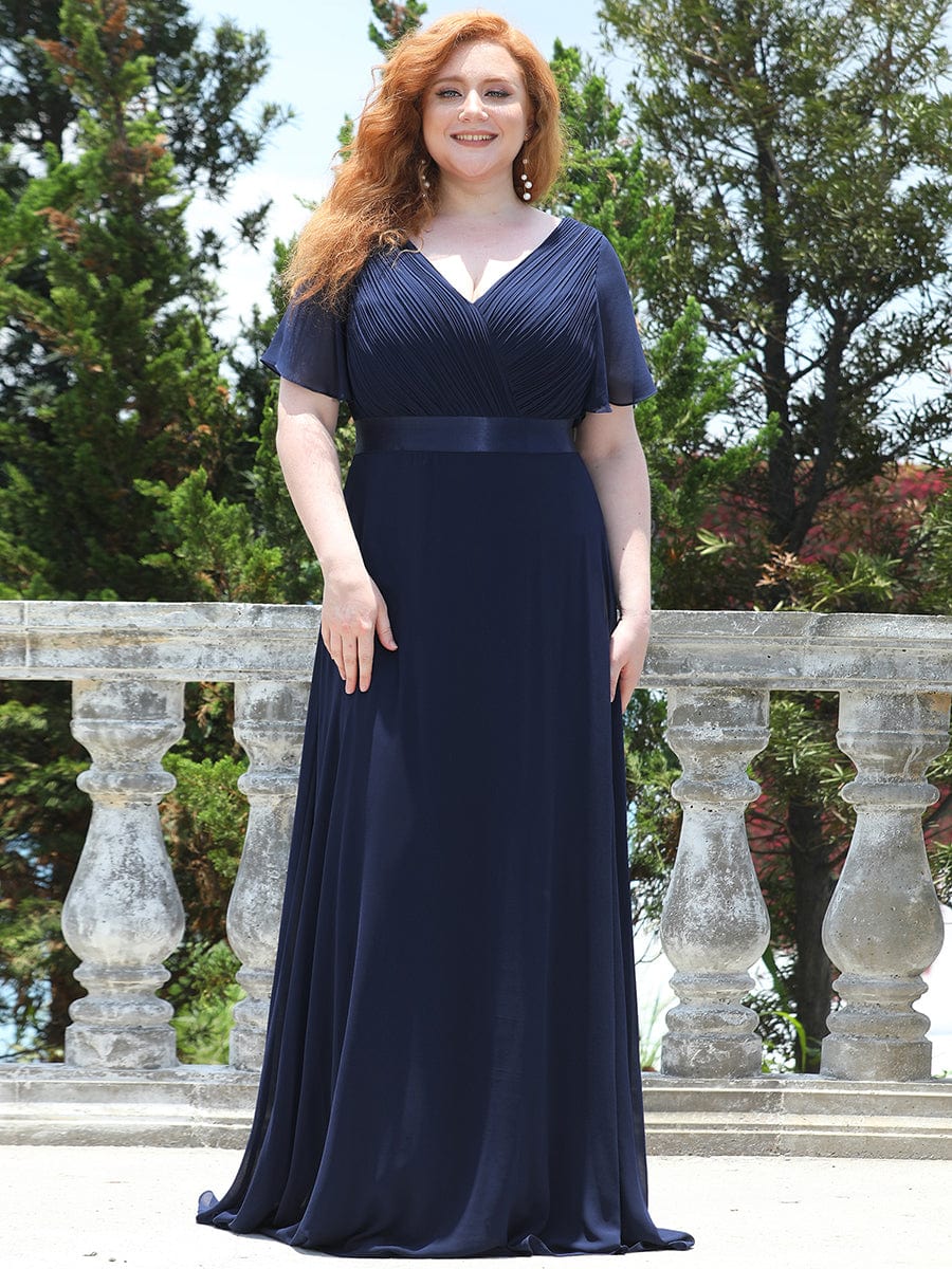 Long Empire Waist Bridesmaid Dress with Short Flutter Sleeves