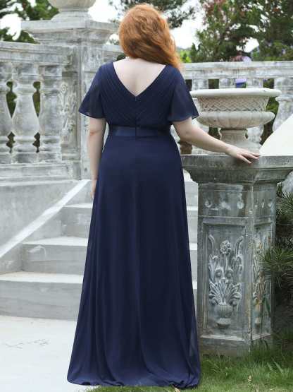 Long Empire Waist Bridesmaid Dress with Short Flutter Sleeves