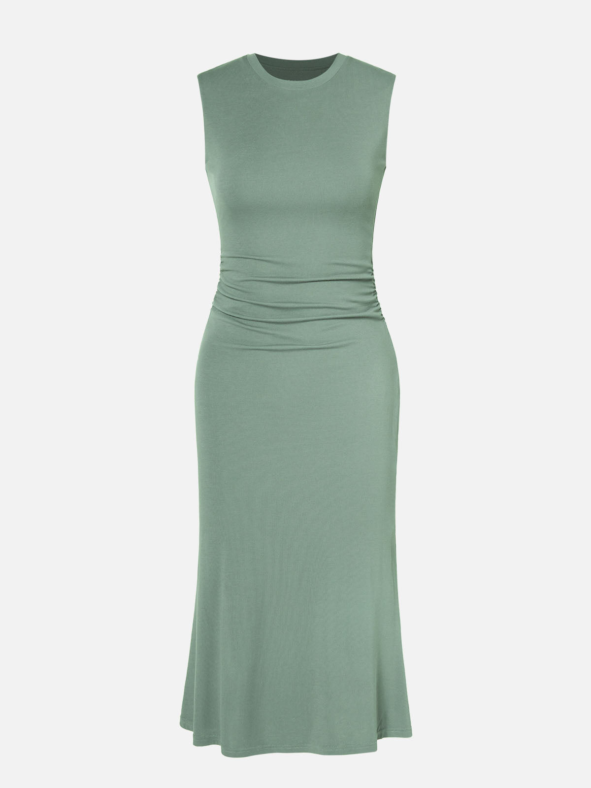 Ruched Side Wide Shoulder Crew Midi Dress