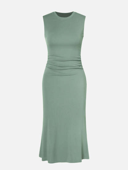 Ruched Side Wide Shoulder Crew Midi Dress