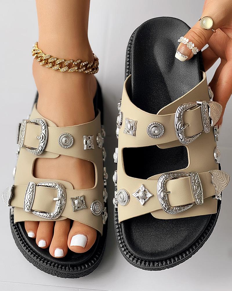 Double Strap Buckled Studded Peep Toe Slippers