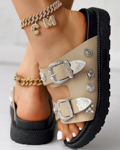 Double Strap Buckled Studded Peep Toe Slippers