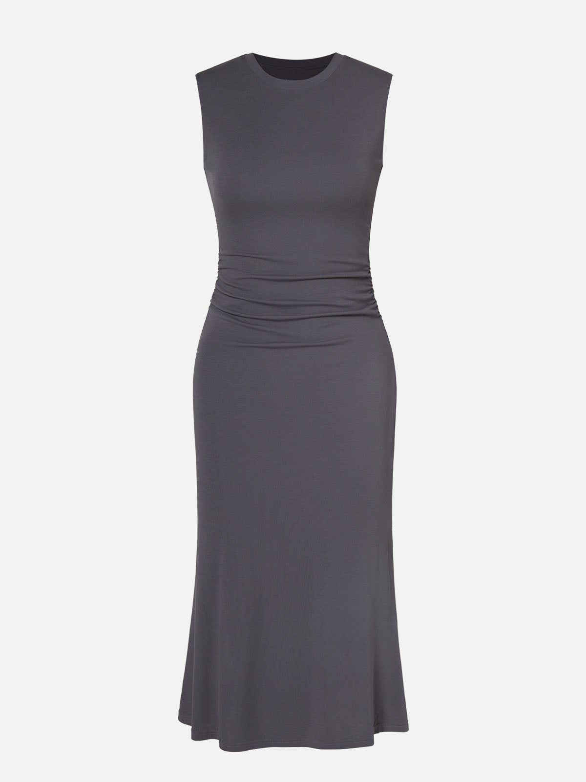 Ruched Side Wide Shoulder Crew Midi Dress