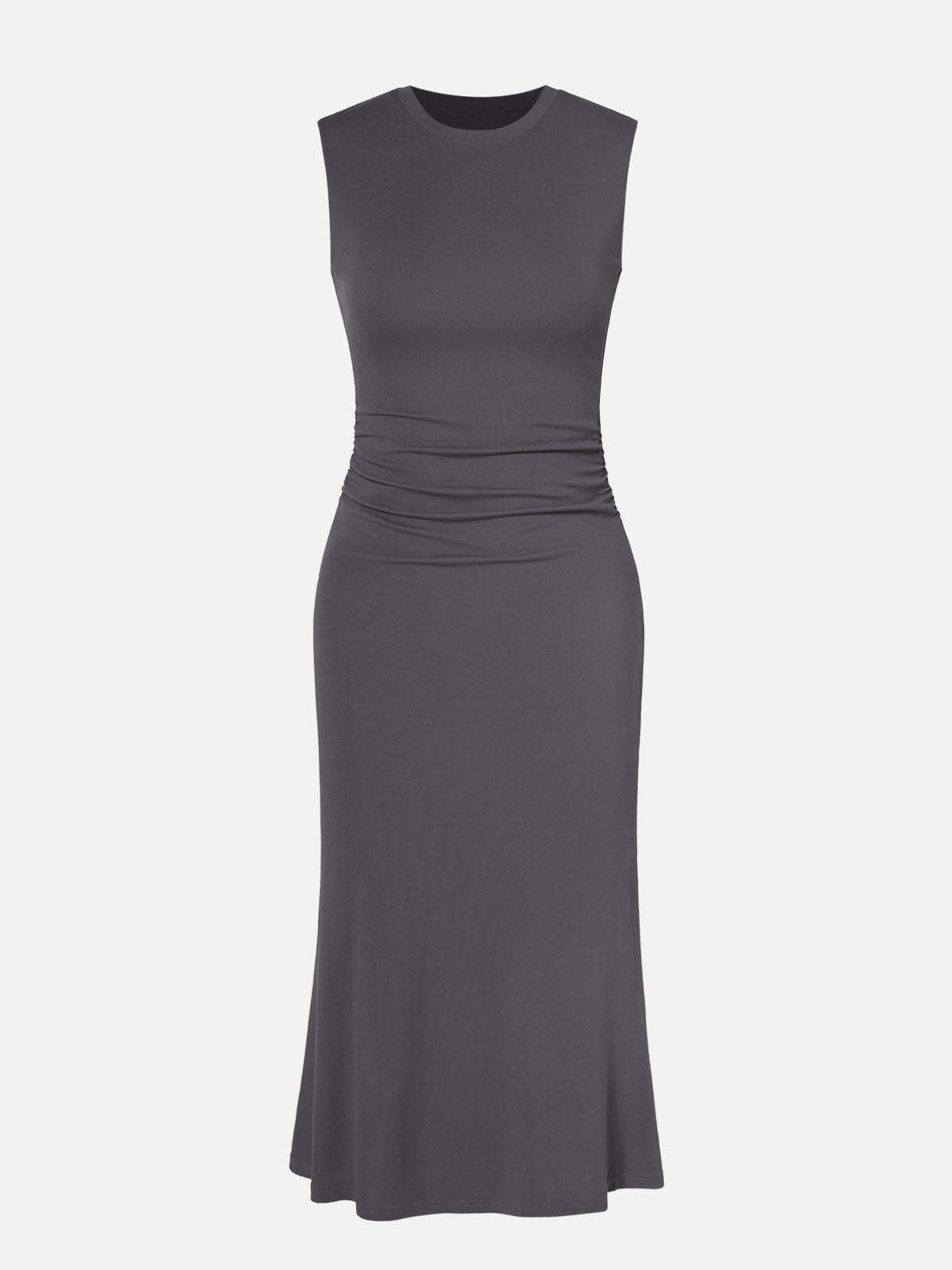 Ruched Side Wide Shoulder Crew Midi Dress