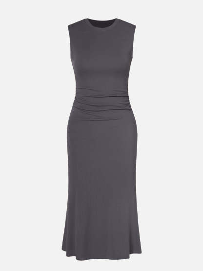 Ruched Side Wide Shoulder Crew Midi Dress