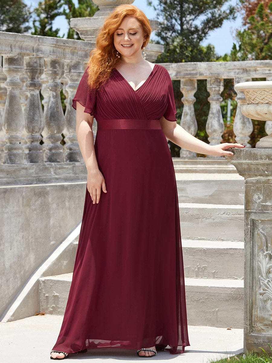 Long Empire Waist Bridesmaid Dress with Short Flutter Sleeves