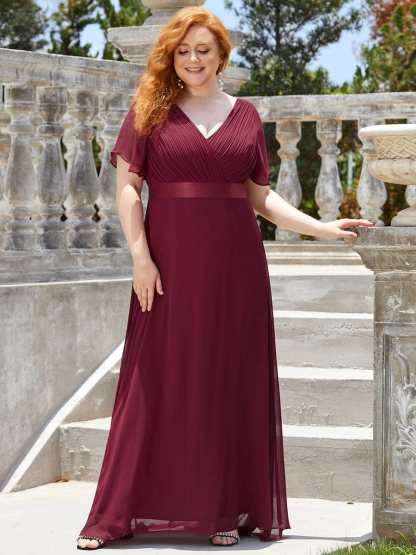 Long Empire Waist Bridesmaid Dress with Short Flutter Sleeves