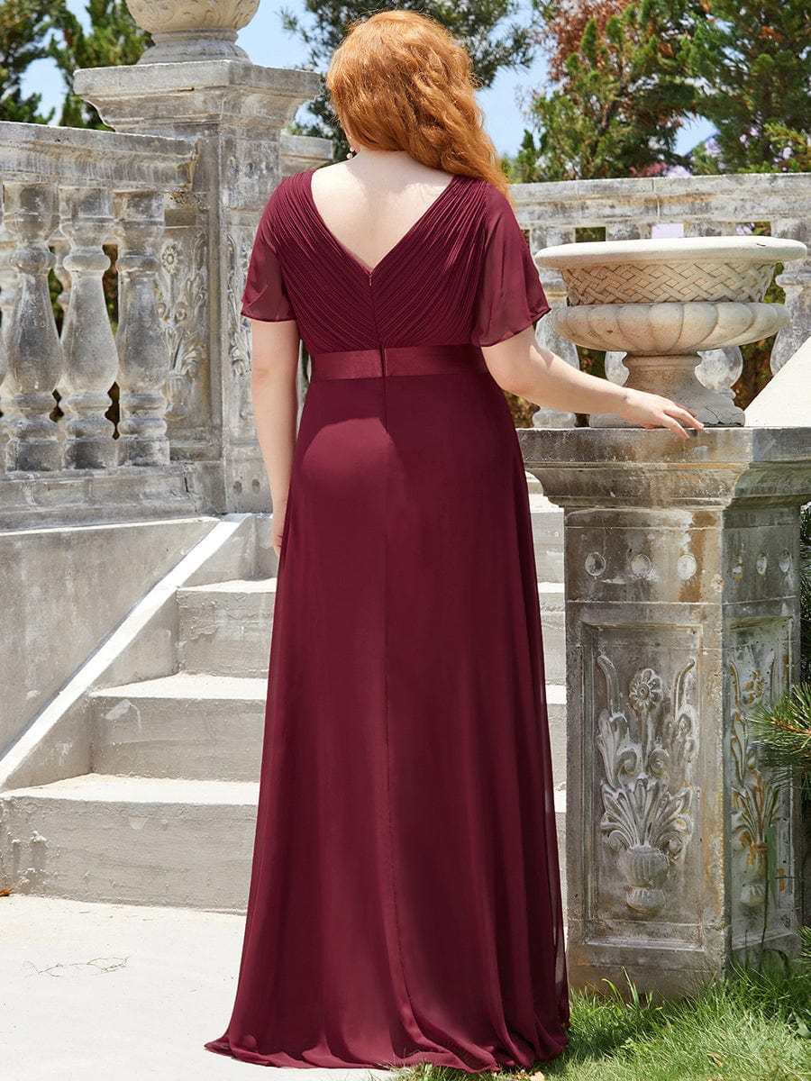 Long Empire Waist Bridesmaid Dress with Short Flutter Sleeves