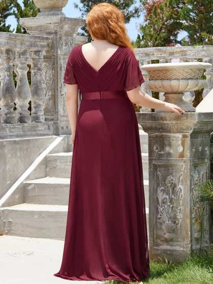 Long Empire Waist Bridesmaid Dress with Short Flutter Sleeves