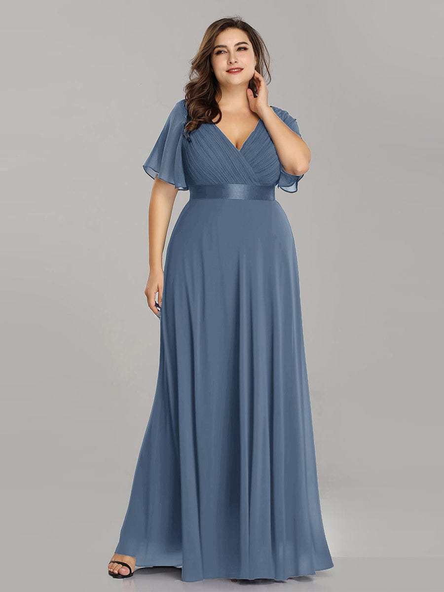 Long Empire Waist Bridesmaid Dress with Short Flutter Sleeves