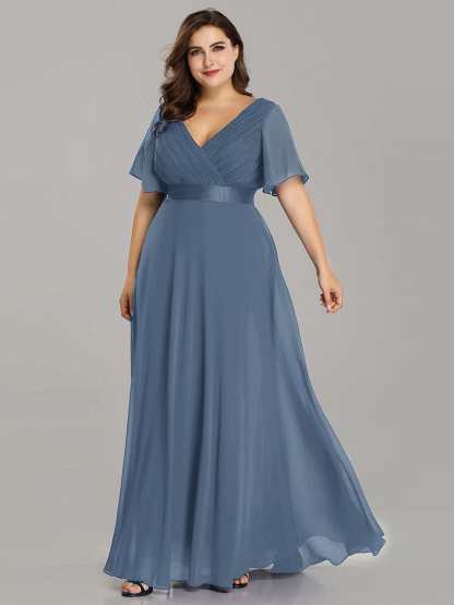 Long Empire Waist Bridesmaid Dress with Short Flutter Sleeves