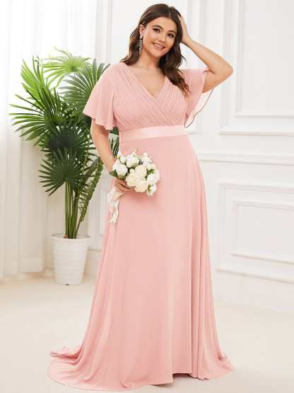 Long Empire Waist Bridesmaid Dress with Short Flutter Sleeves