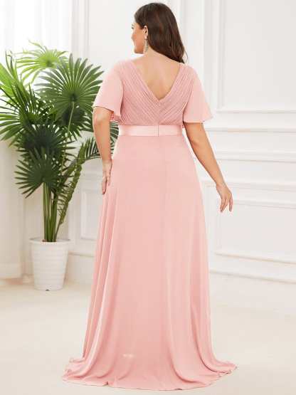 Long Empire Waist Bridesmaid Dress with Short Flutter Sleeves