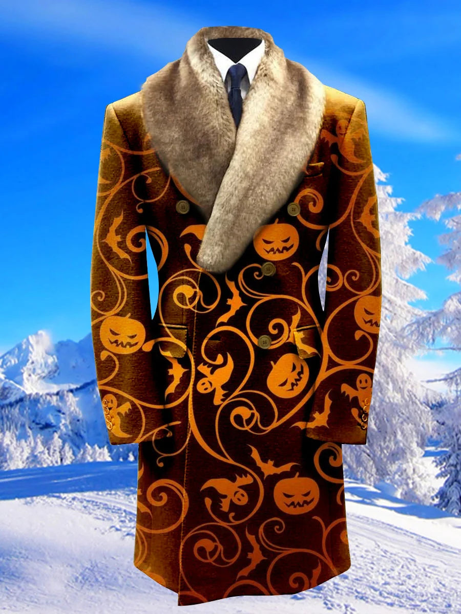 Men's Pumpkin Printed Double-Breasted Fur Collar Blazer