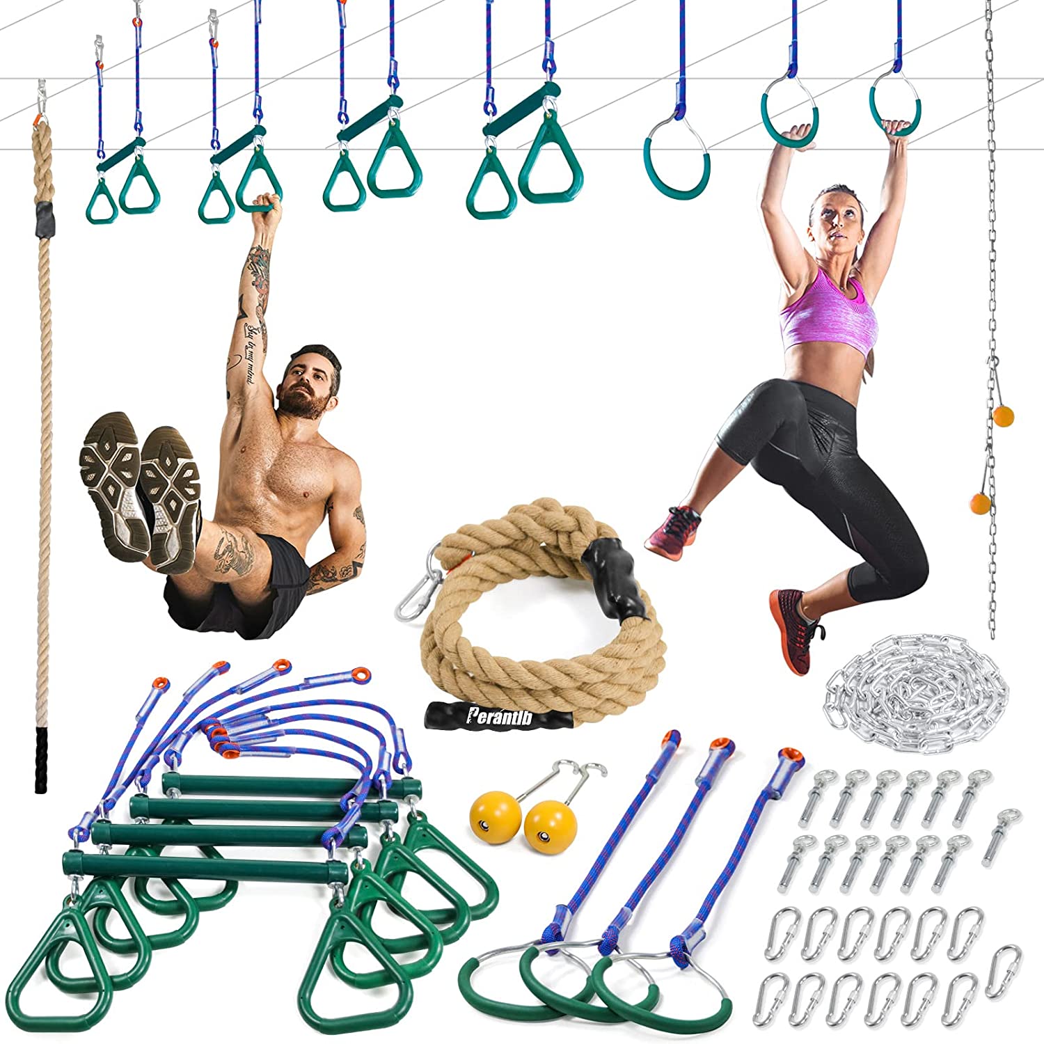Perantlb Indoor Ninja Warrior Obstacle Course for Adults,Roof Strength Training Set, Including Climbing Rope, Rings, Gymnastics Rings, Trapeze Swing Bar Rings
