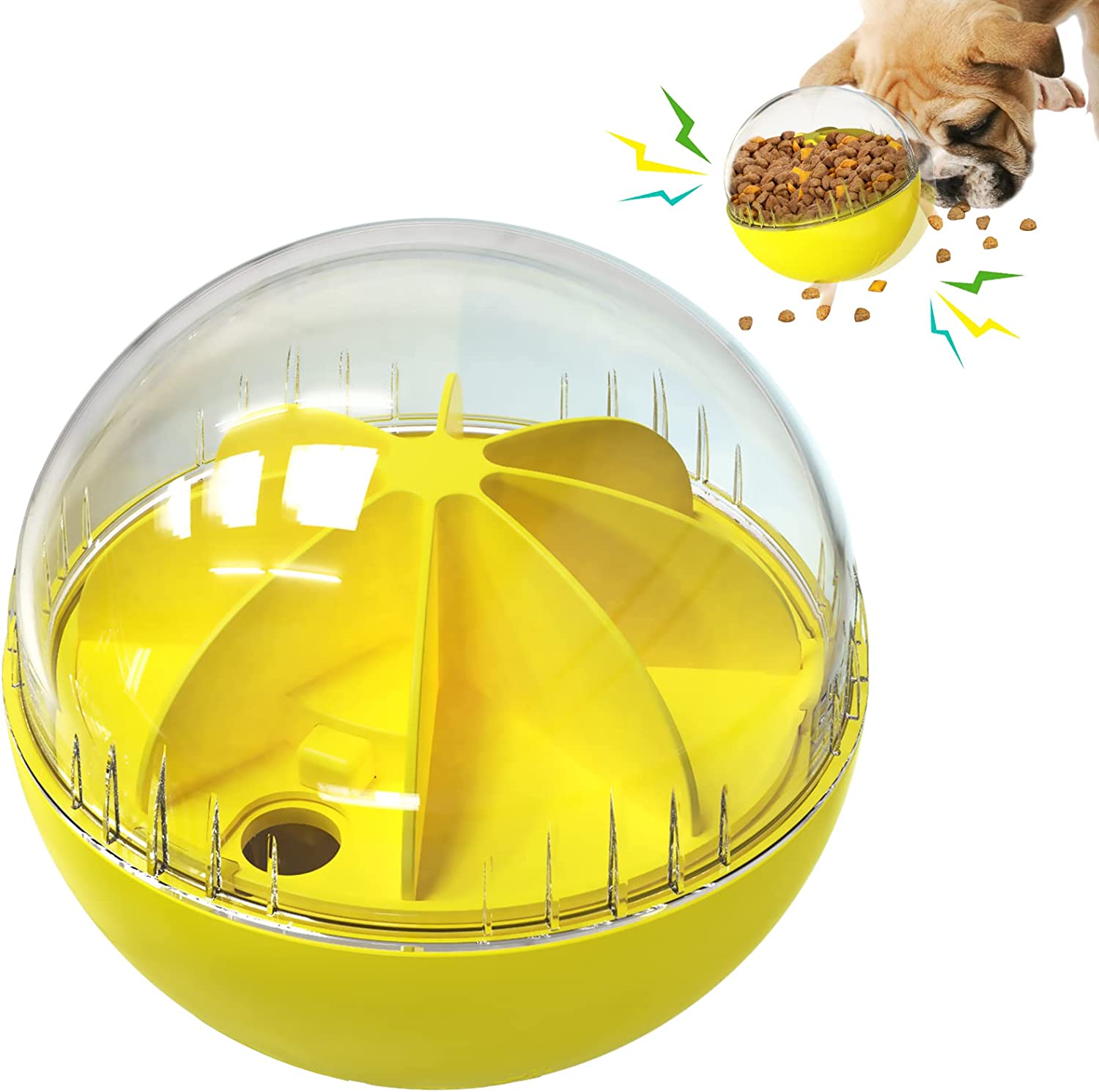 Treat Dispensing Dog Toy Ball, Puzzle IQ Dog Ball Giggle Wagging Interactive Relieving Boredom, Automatic Dog Food Slow Feeder Ball Squeaky Toy for All Breed Dogs,Large Capacity, Yellow,Φ5.7in