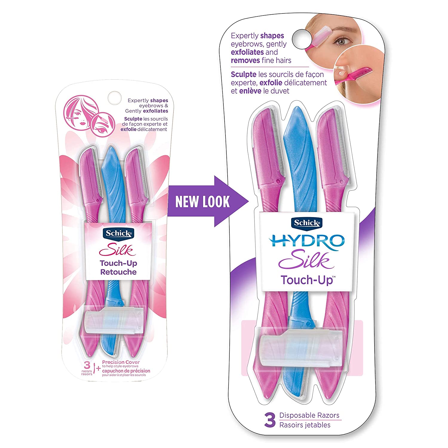 Schick Hydro Silk Touch-Up Multipurpose Exfoliating Dermaplaning Tool, Eyebrow Razor, and Facial Razor with Precision Cover, 3 Count
