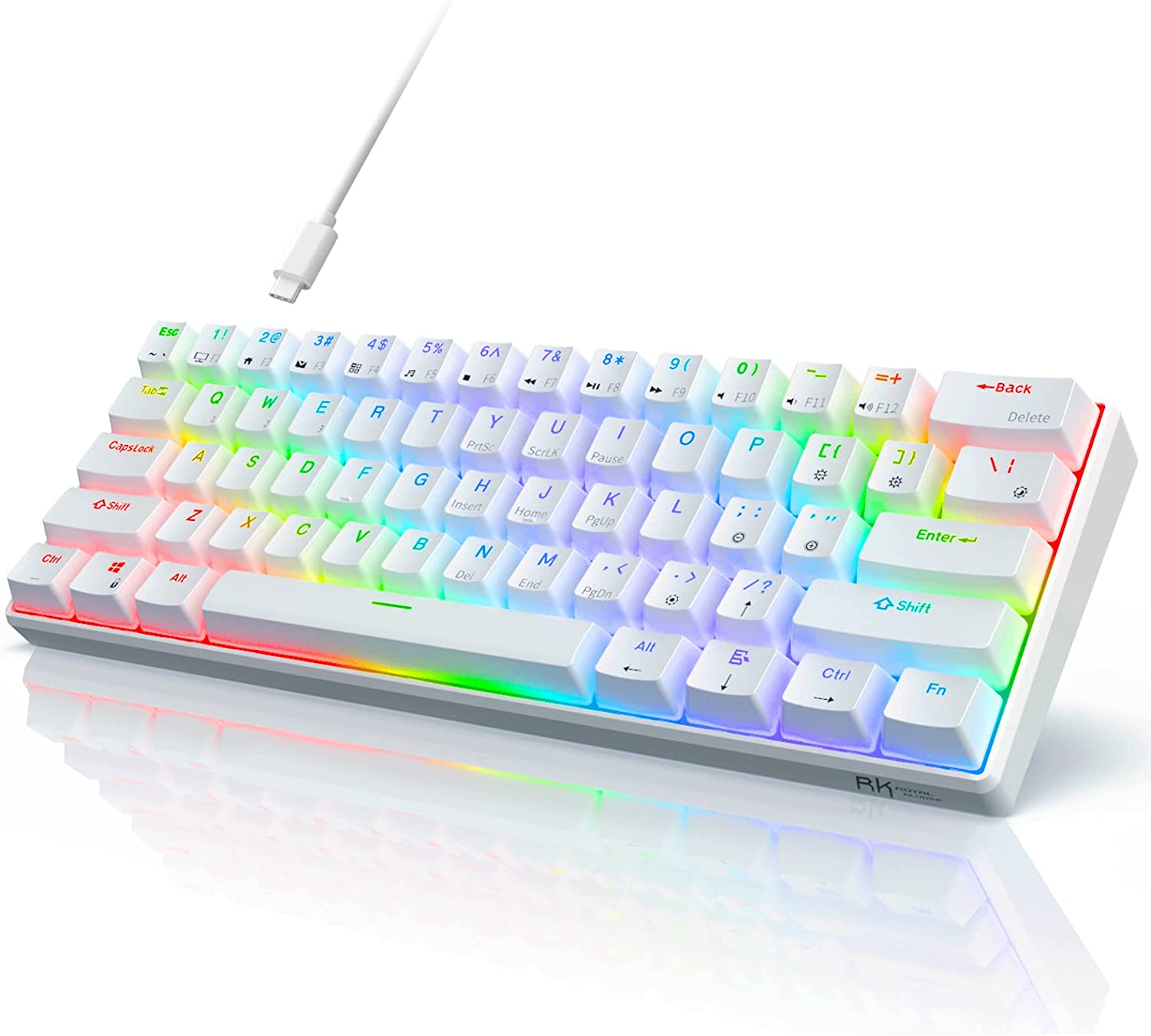 RK ROYAL KLUDGE RK61 Wired 60% Mechanical Gaming Keyboard RGB Backlit Ultra-Compact Hot-Swappable Red Switch White