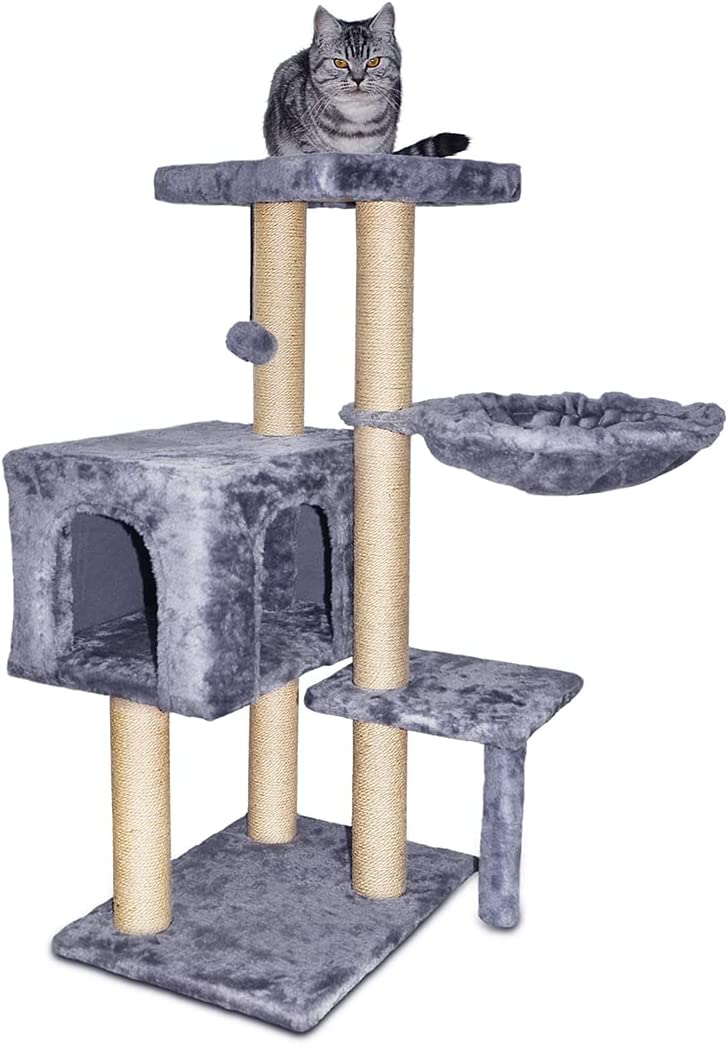 AIWIKIDE 002G Cat Tree has Scratching Toy with a Ball Activity Centre Cat Tower Furniture Jute-Covered Scratching Posts Grey