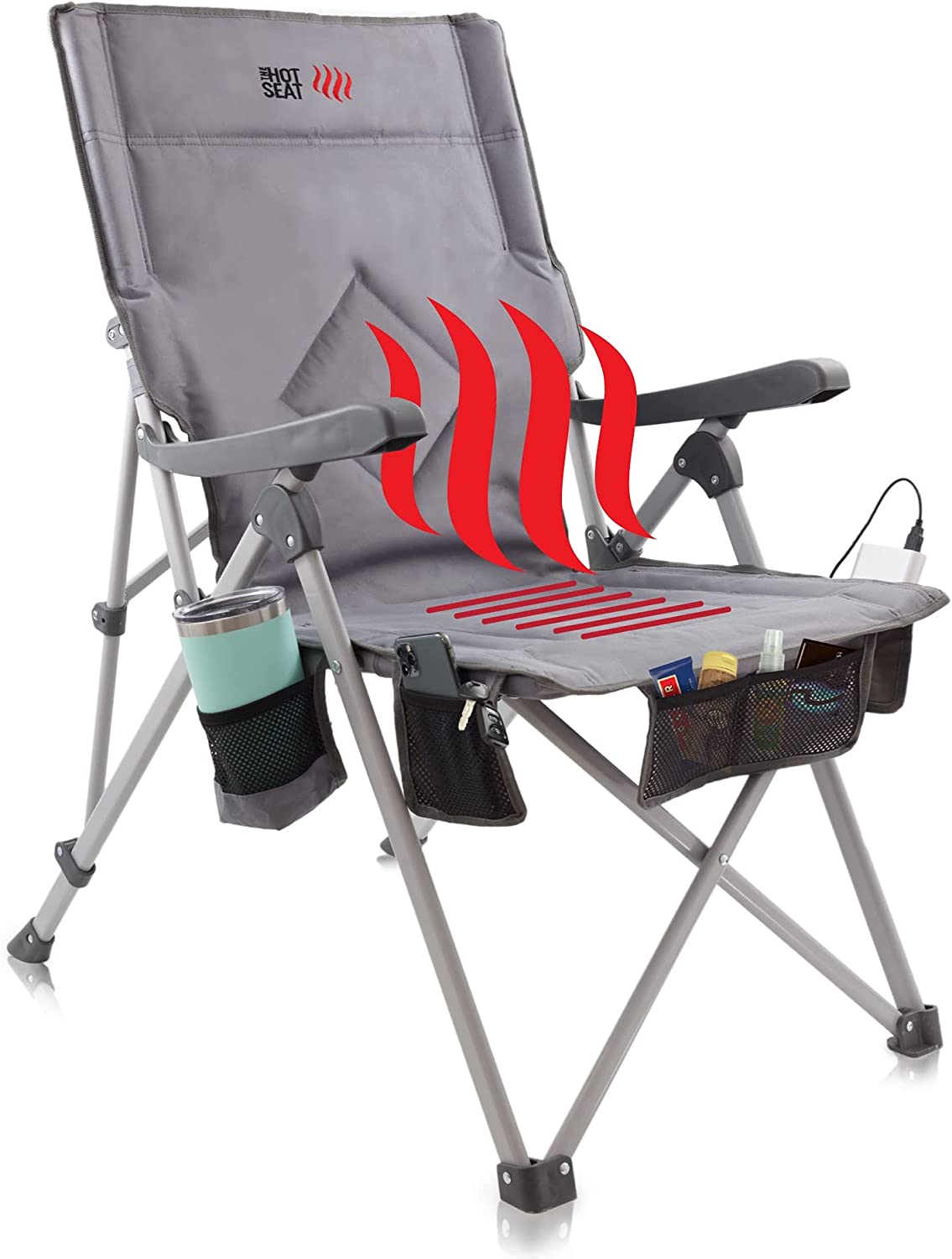 POP Design The Hot Seat, USB Heated Portable Camping Chair, Perfect for Outdoor, Sports, Beach, or Picnics. Extra-Large Armrests, Travel Bag, 5 Pockets, Cup Holder (Battery Pack NOT Included)