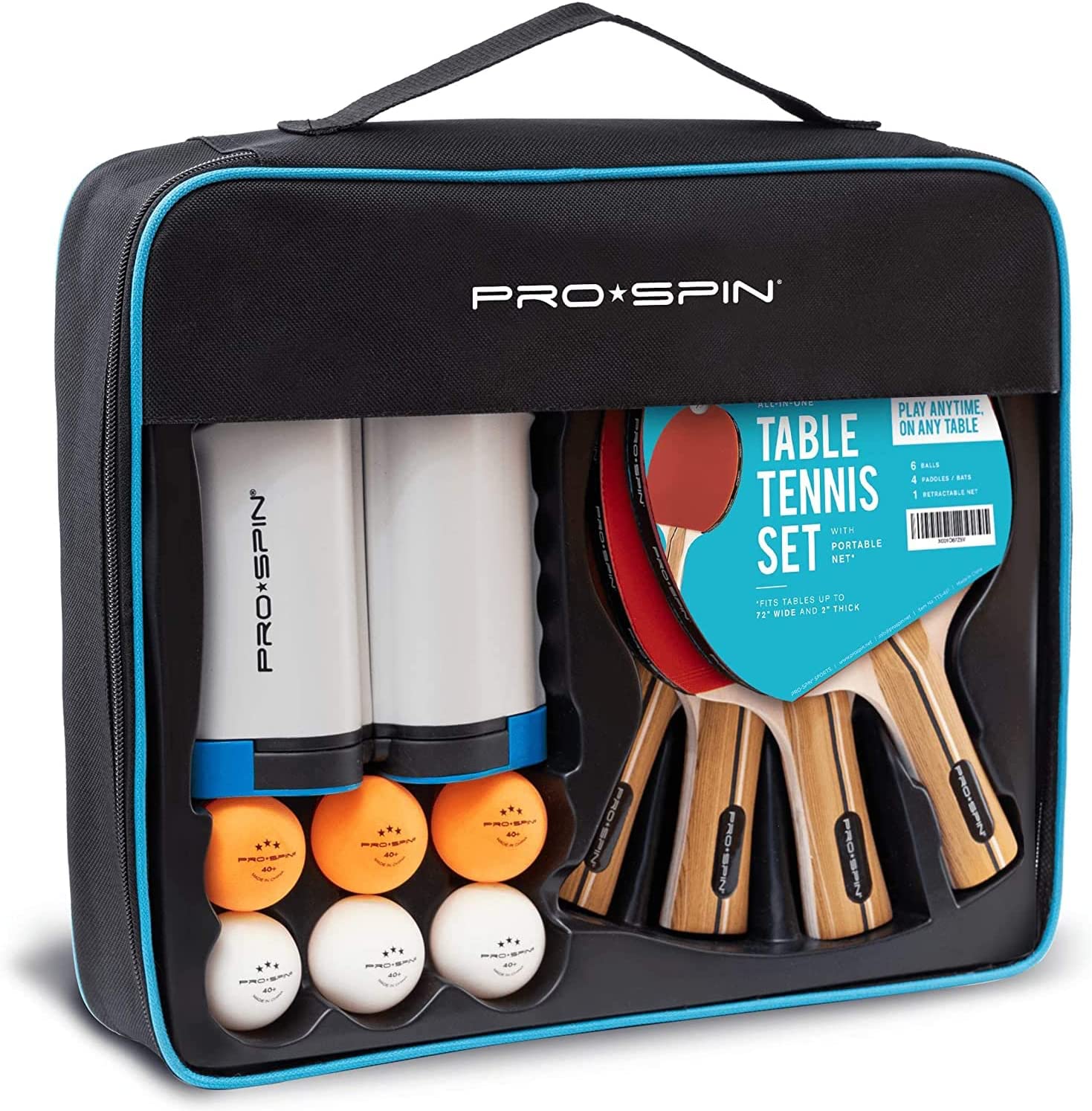 PRO-SPIN All-in-One Portable Ping Pong Paddles Set | Table Tennis Set with Retractable Ping Pong Net (Up to 72" Wide) | Premium Paddles, 3-Star Balls | Storage Case | Family Fun | Gift