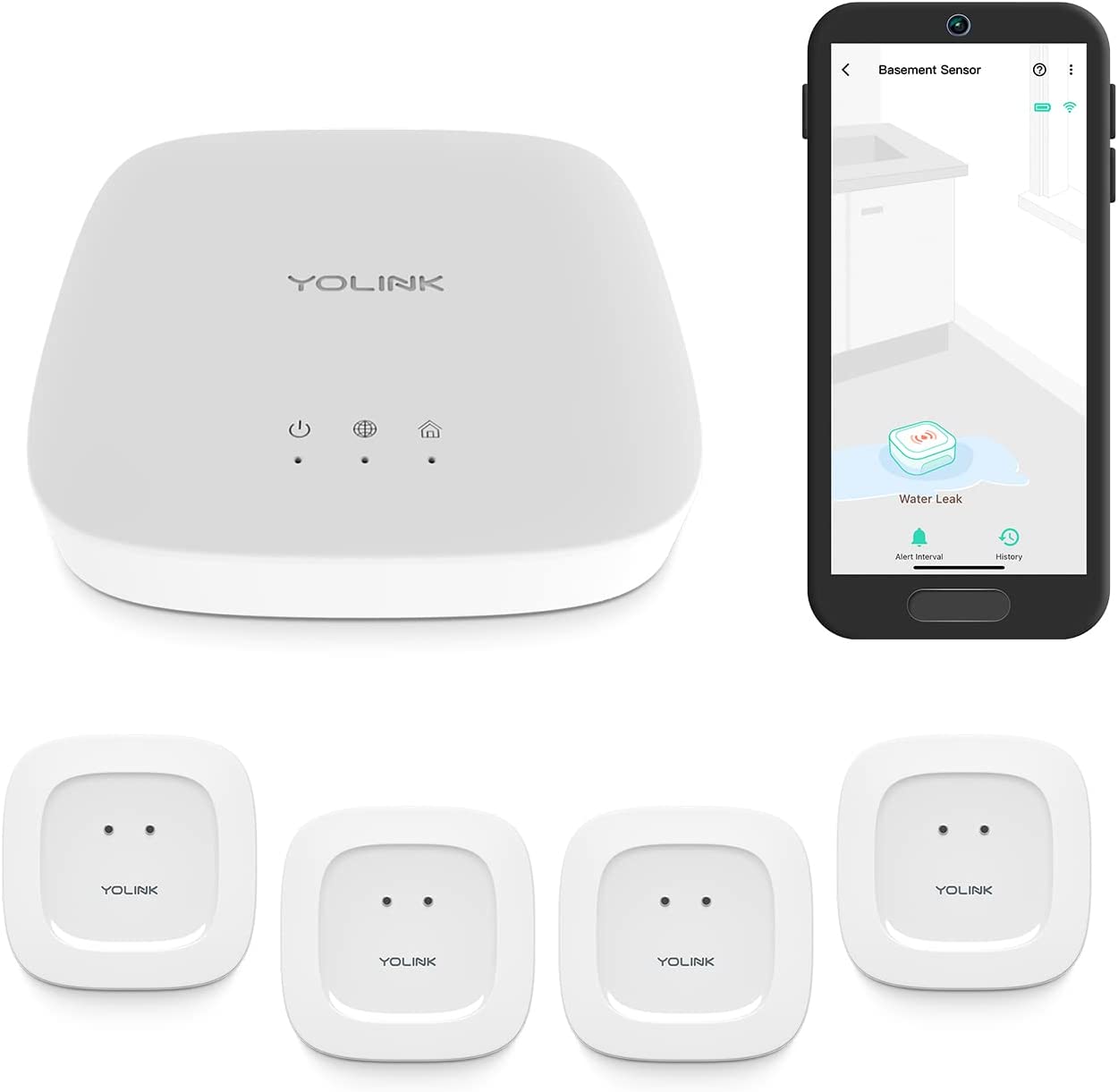 YoLink Smart Home Starter Kit: Water Sensor 4-Pack & Hub Kit - Sensor Compatible with Alexa and IFTTT, 1/4 Mile Range, Instant Remote App, Text(Limited) and Email Alert