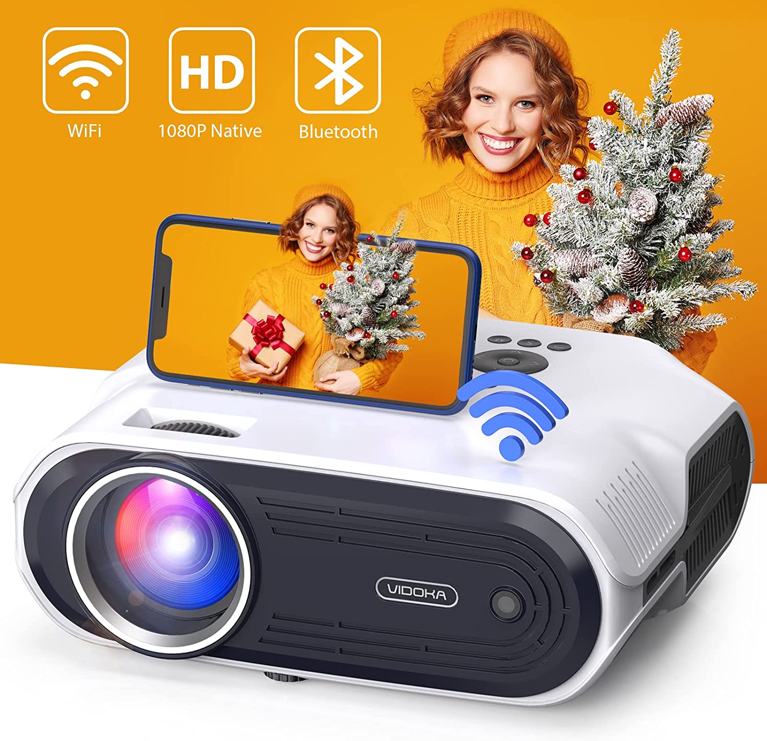 VIDOKA Native 1080P Projector with WiFi and Bluetooth, 8000L Full HD Projector for Home Outdoor Movie, Support 4K and Video Zoom,Sleep Timer, Compatible w/ TV Stick/iPhone/iPad/Laptop/PC/Smartphone