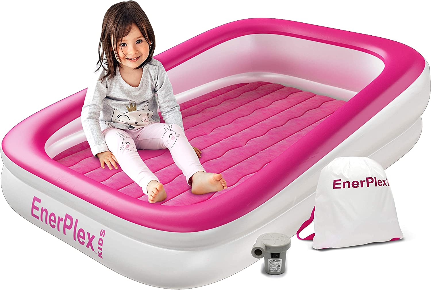 EnerPlex Kids Inflatable Travel Bed with High Speed Pump, Portable Air Mattress for Kids on The Go, Blow up Toddler Travel Bed with Sides – Built-in Safety Bumper - Pink