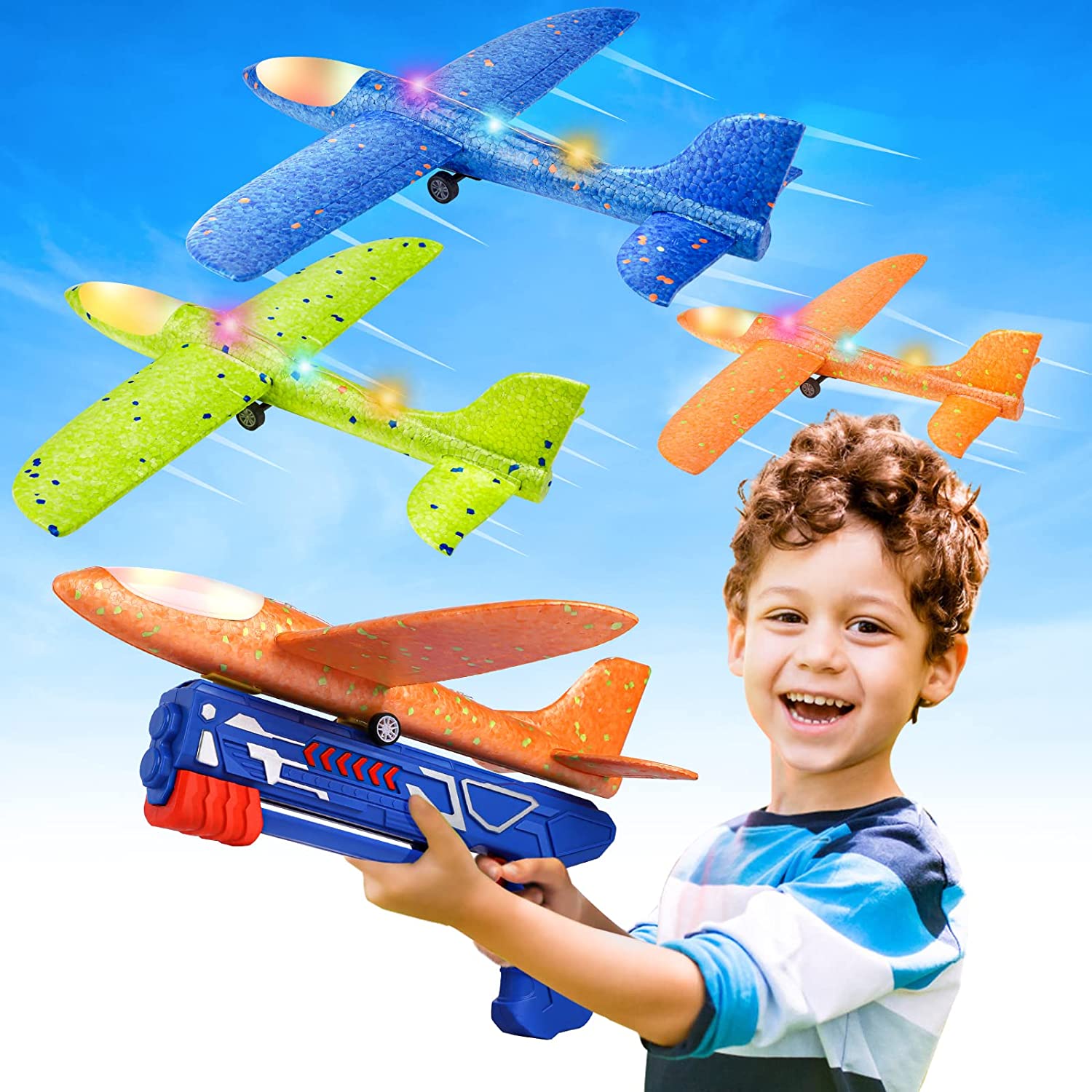 3 Pack Airplane Launcher Toys, 2 Flight Modes LED Foam Glider Catapult Plane Toy for Boys, Outdoor Flying Toys Birthday Gifts for Boys