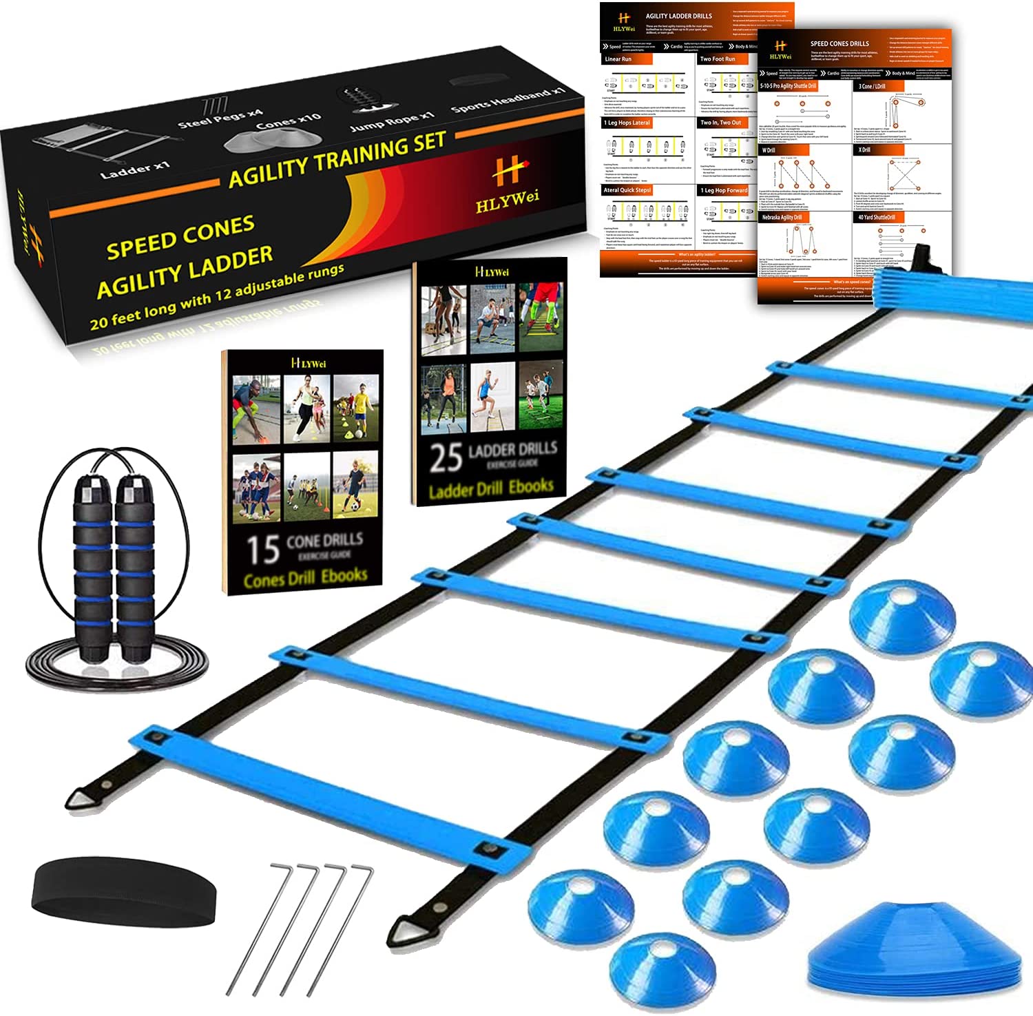 HLYWEI Speed Agility Training Set, Includes 1 Agility Ladder, 4 Steel Stakes, 1 Sports Headband,1 Jump Rope, 10 Disc Cones and Gym Carry Bag - Speed Training Equipment for Soccer Football Basketball