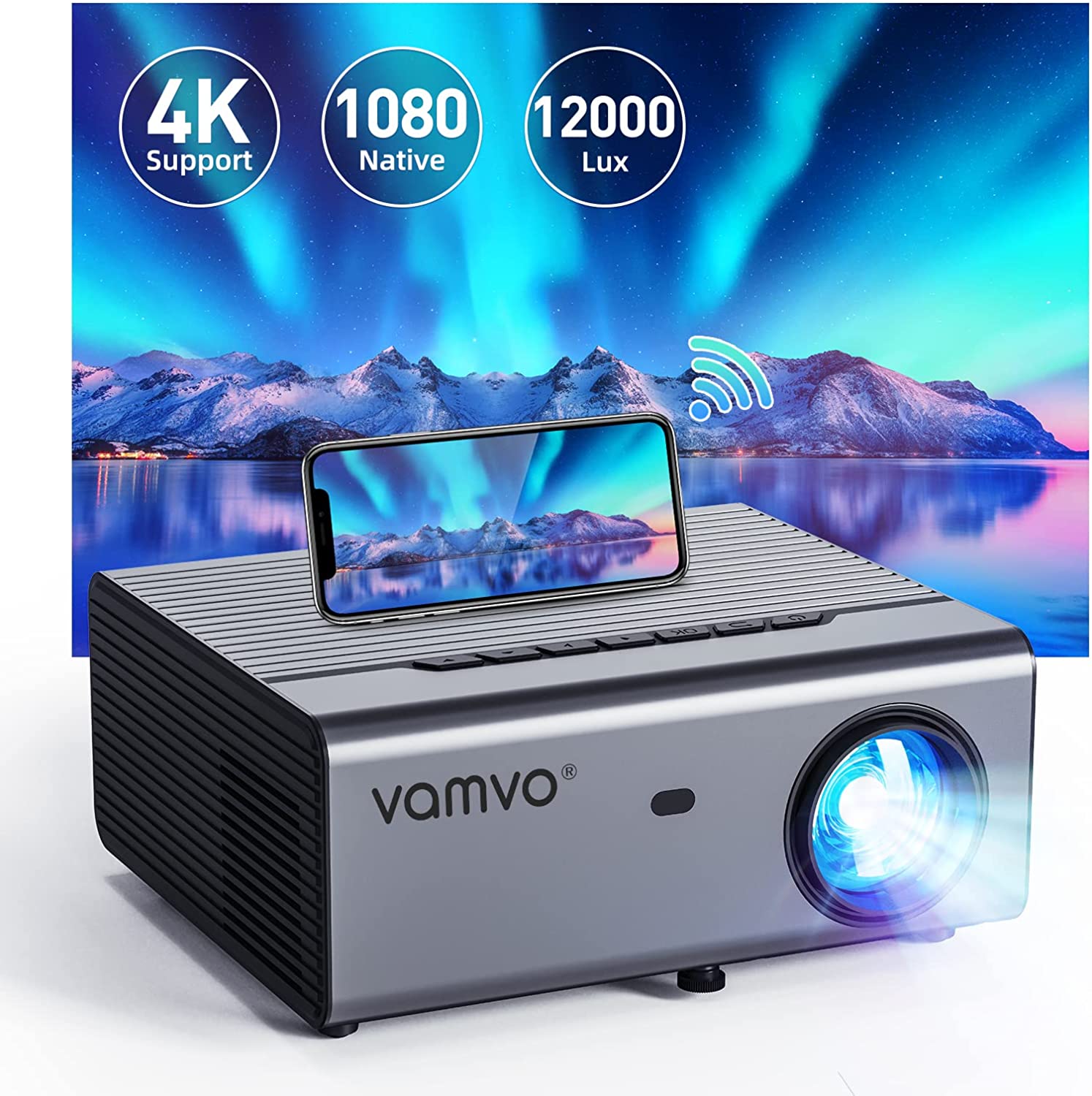 Vamvo Portable Projector, 2022 Upgraded Projector 4K Native 1080P Full HD Outdoor Movie Projector, Home Theater Video Projector Compatible with iOS/Android/XBox/PS4/PS5/TV Stick/HDMI/USB