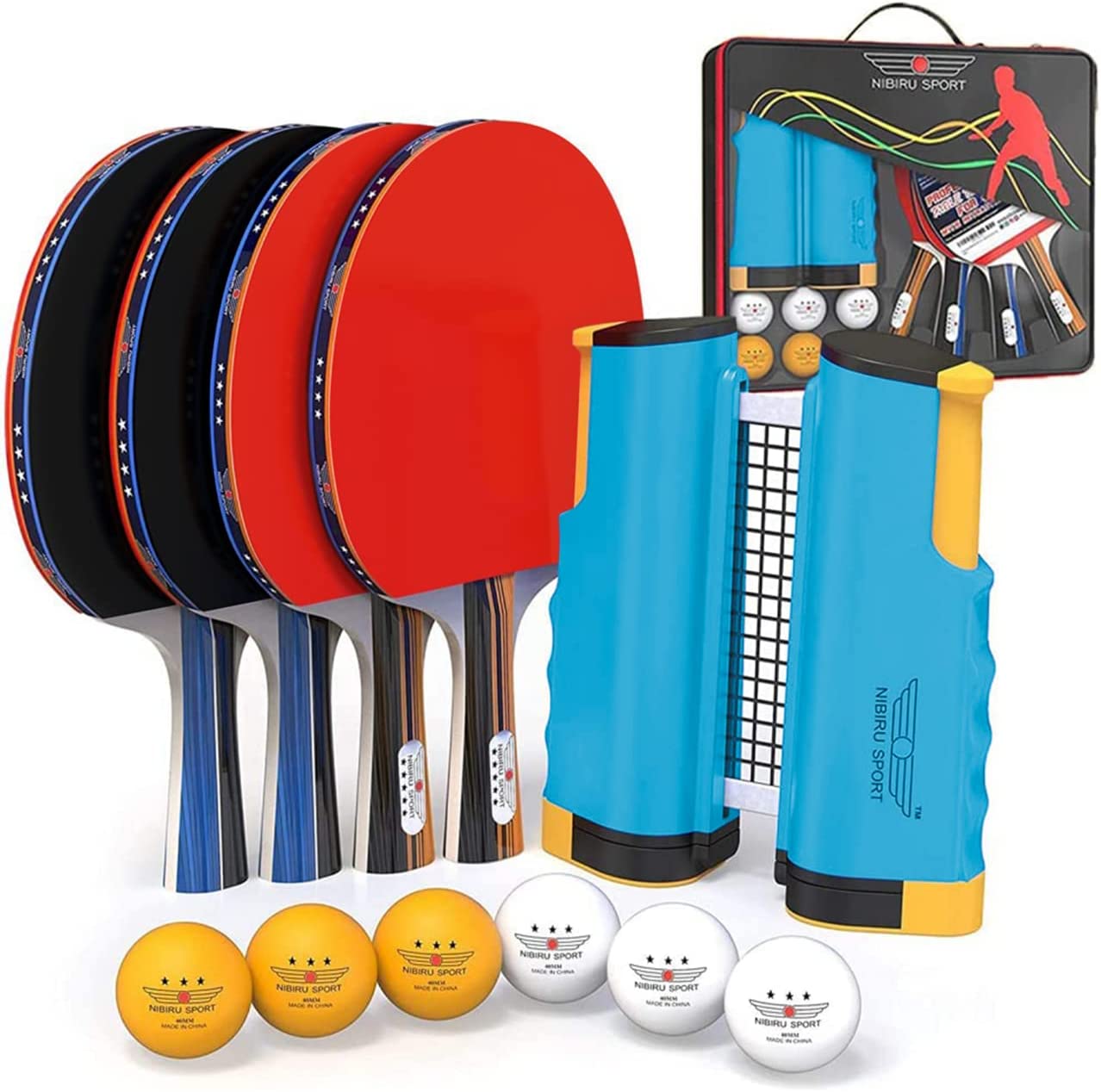 NIBIRU SPORT Ping Pong Paddles Set - Professional Table Tennis Rackets and Balls, Retractable Net with Posts and Storage Case - Pingpong Paddle and Game Table Accessories