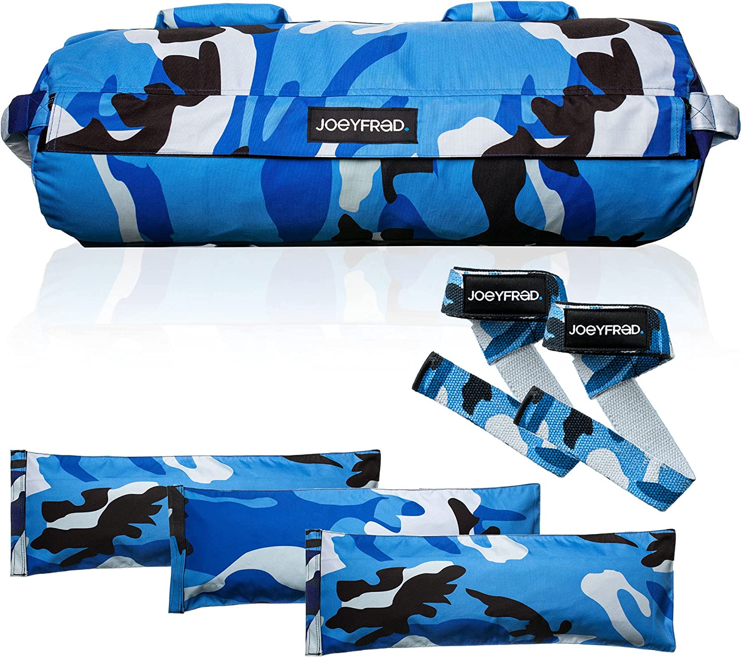 Joeyfrad Sandbags for Fitness with Handles - Heavy Duty Adjustable Weighted 10 to 60lbs Filler Bags for Workout, Great for Military Tactical Training, Cross Training, and Crossfit - Blue Camo