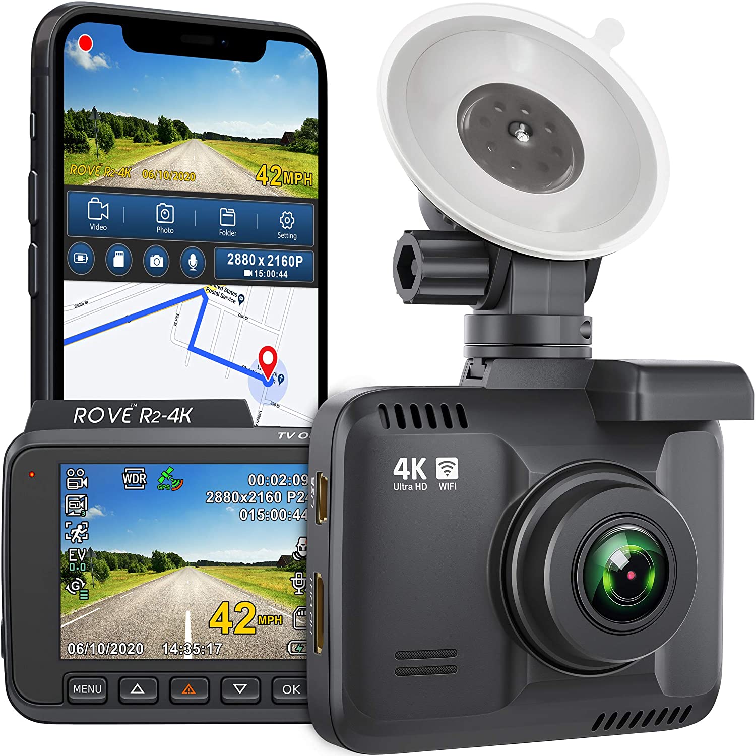 Rove R2- 4K Dash Cam Built in WiFi GPS Car Dashboard Camera Recorder with UHD 2160P, 2.4" LCD, 150° Wide Angle, WDR, Night Vision