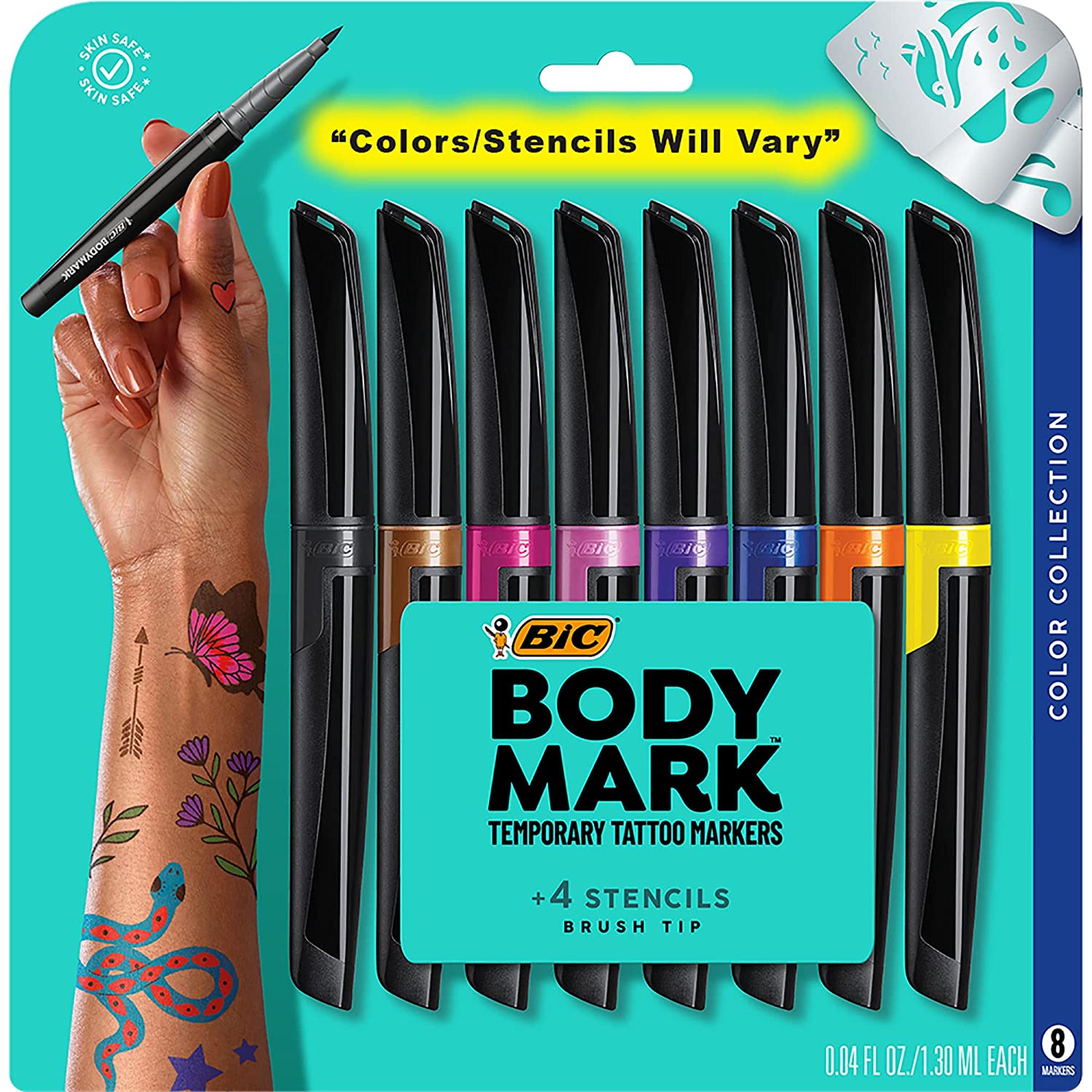 BodyMark by BIC, Temporary Tattoo Marker, Skin Safe, Flexible Brush Tip, Long-Lasting, Assorted Colors, 8-Pack (Colors/Stencils Will Vary)