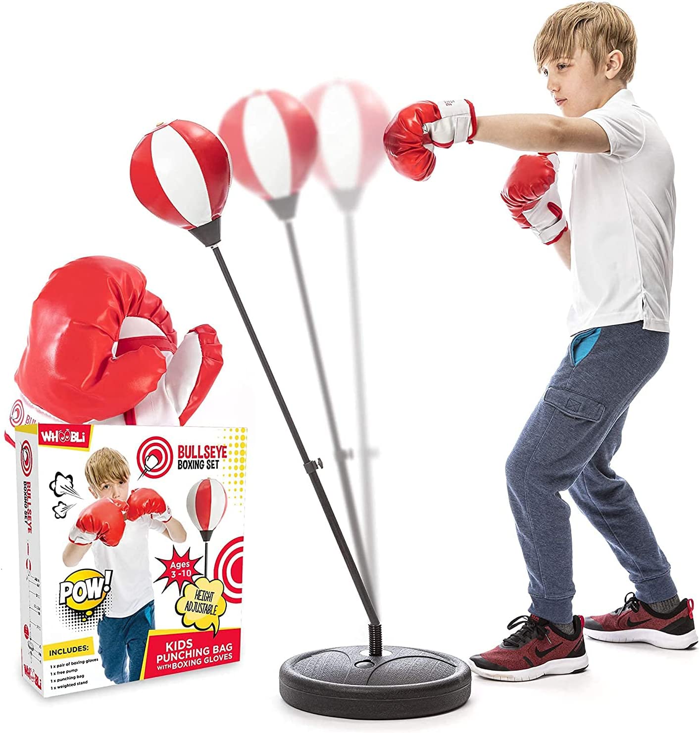 Whoobli Punching Bag for Kids Incl Boxing Gloves | 3-10 Years Old Adjustable Kids Punching Bag with Stand | Boxing Bag Set Toy for Boys & Girls (Red White)