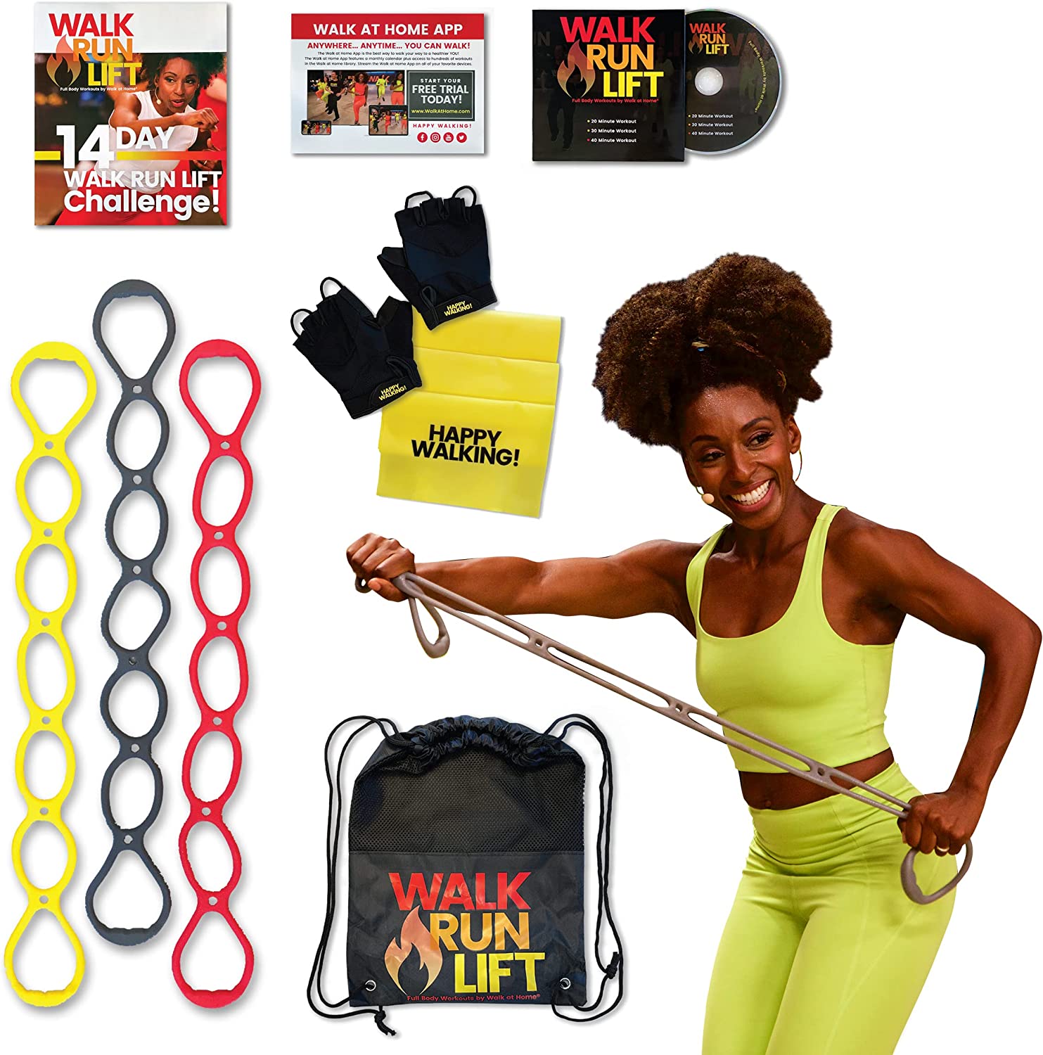 Walk at Home Walk Run Lift Band Bag Bundle with 7 Ring Resistance Bands, Happy Walking Firm Band, 3 Workout DVDs and Drawstring Bag for Home Workout Walking Exercise