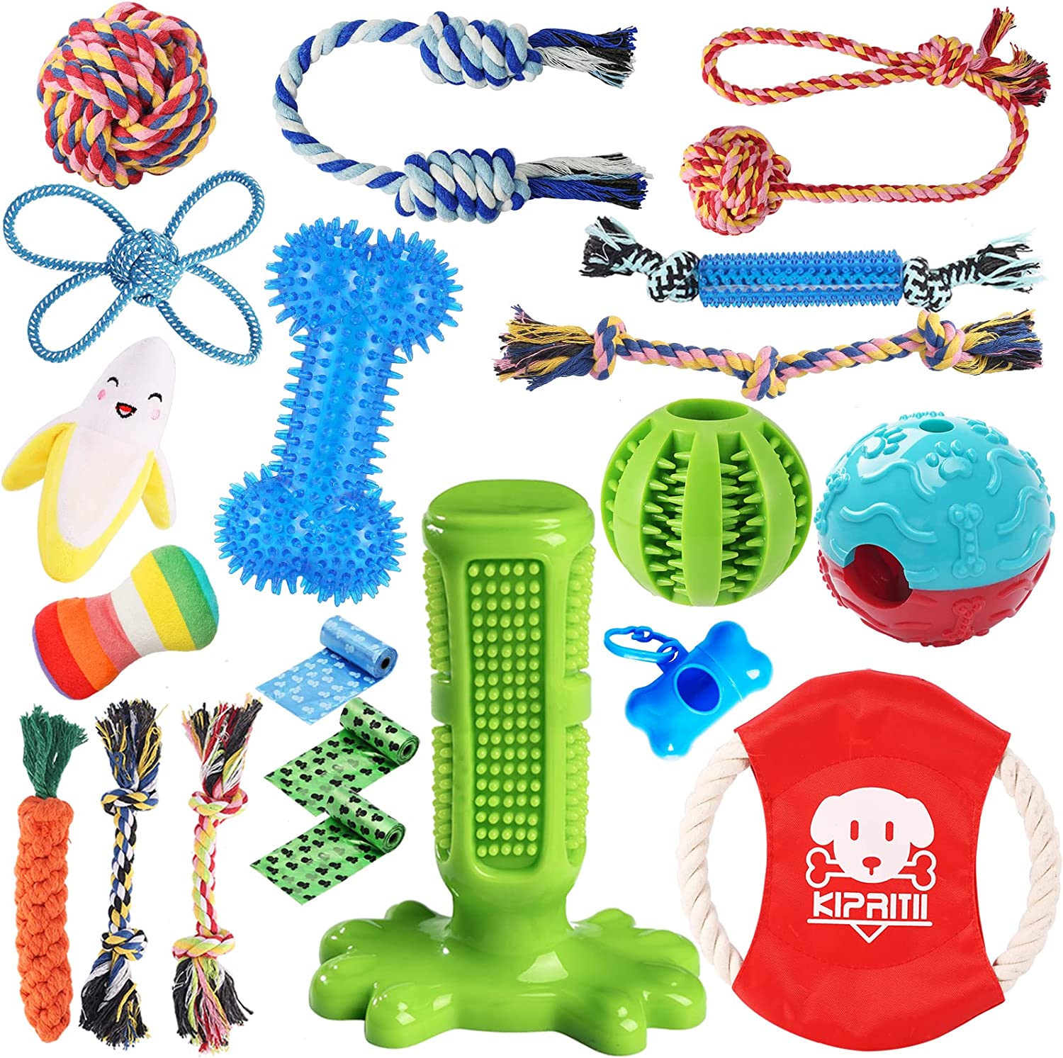 KIPRITII Dog Chew Toys for Puppy - 20 Pack Puppies Teething Chew Toys for Boredom, Pet Dog Chew Toys with Rope Toys, Dog Squeaky Toy for Puppy and Small Dogs