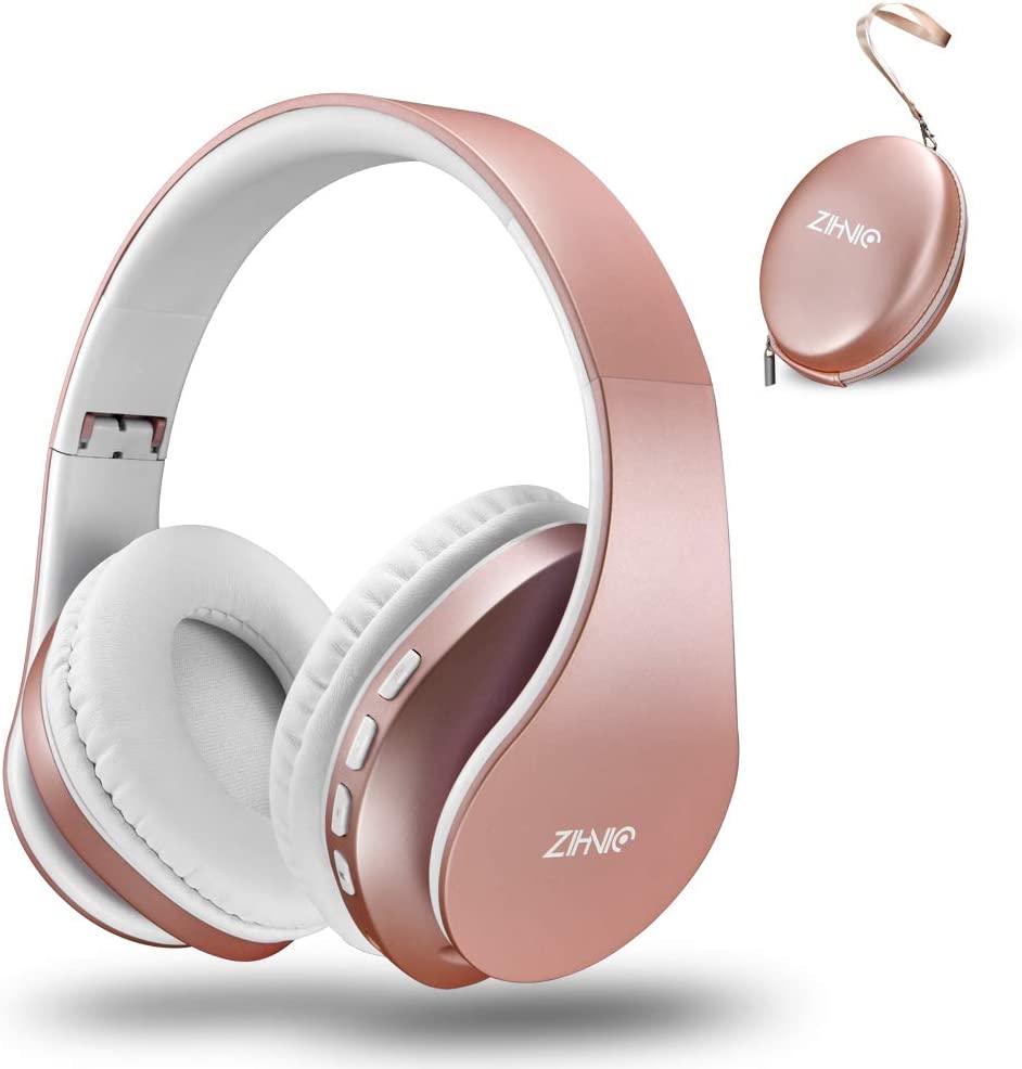 Bluetooth Headphones Over-Ear, Zihnic Foldable Wireless and Wired Stereo Headset Micro SD/TF, FM for Cell Phone,PC,Soft Earmuffs &Light Weight for Prolonged Wearing(Rose Gold)