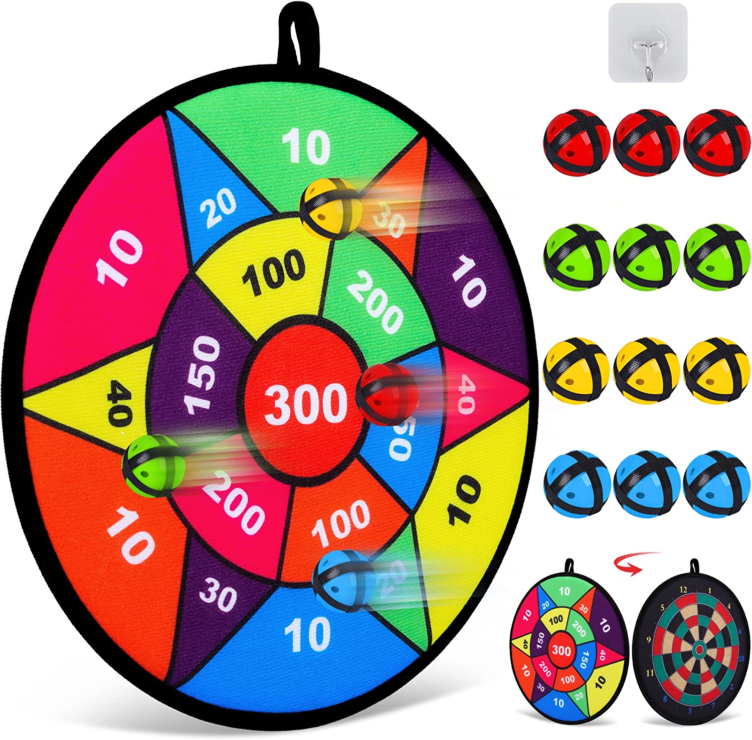 Hony Toy Sports Double Sided Dart Board with 12 Sticky Balls,Indoor Outdoor Party Games Toys Gifts for 5 6 7 8 9 10 11 12 Year Old Boy Kids and Adult