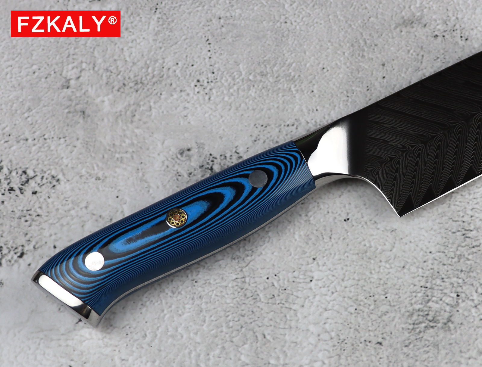 Fzkaly 7 inch Damascus Santoku Knife - Economic Blue Handle