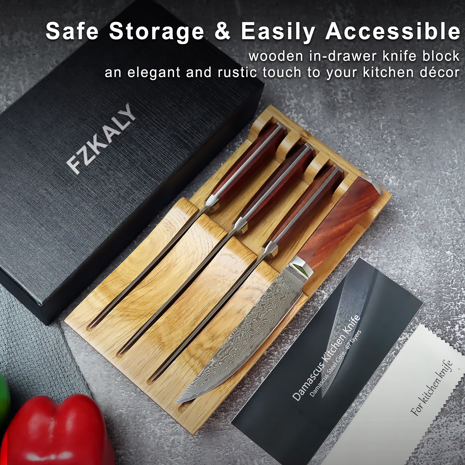 4 Piece Damascus Steak Knife Set With Wood Drawer Organizer Insert, Gift Box