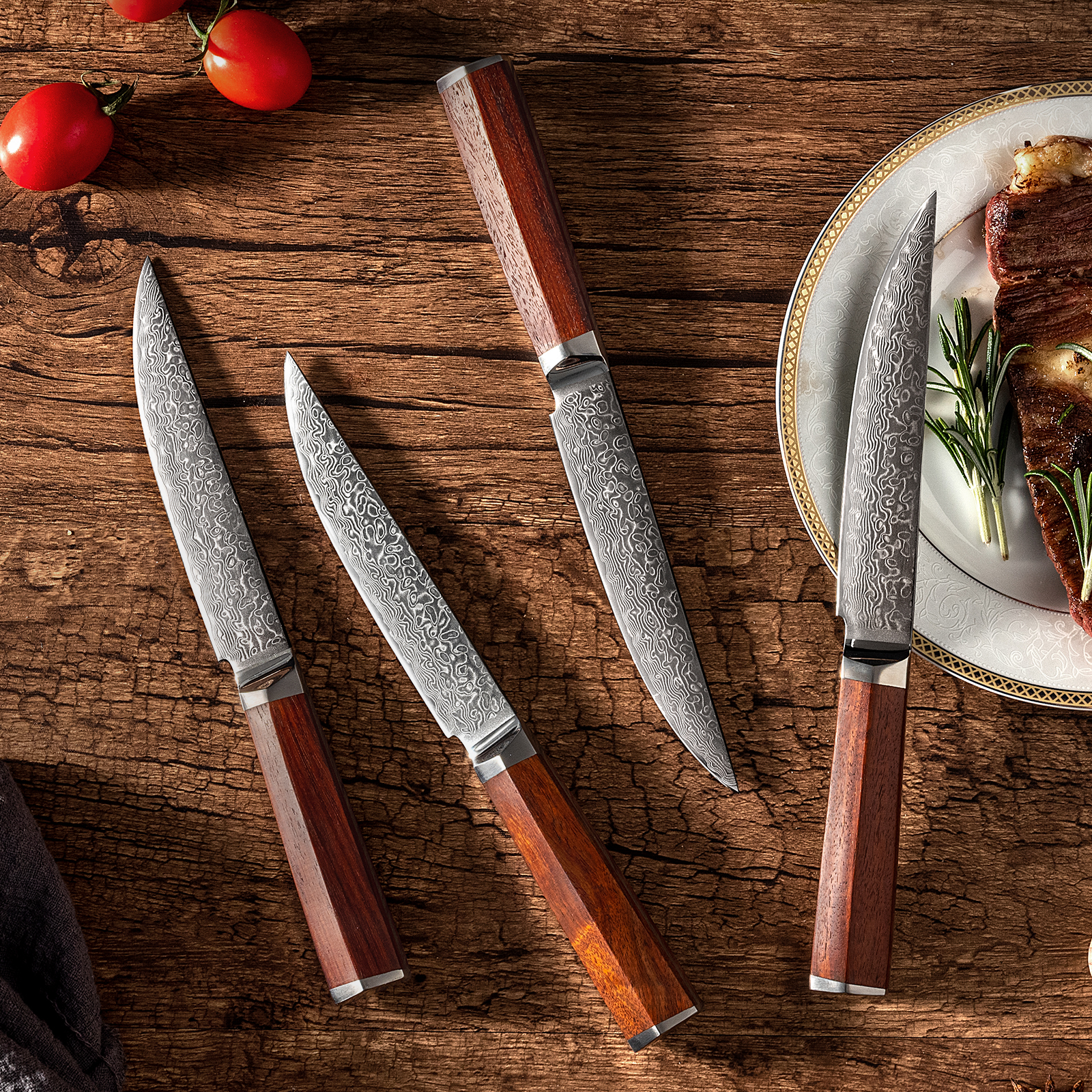 Fzkaly Steak Knives Set of 4, Japanese Damascus Steak Knives in Drawer  Knife Block, 5 Straight Edge Blade, Ergonomic Olive Wood Handle, Ideal For