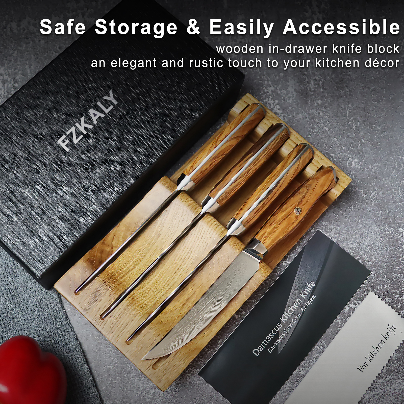 4 Piece Olive Wood Steak Knife Set in Organizer