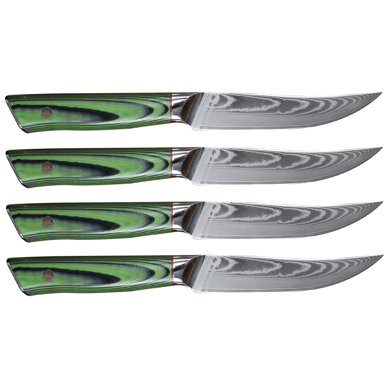 Damascus Steak Knife Set of 4 - Green G10 Handle