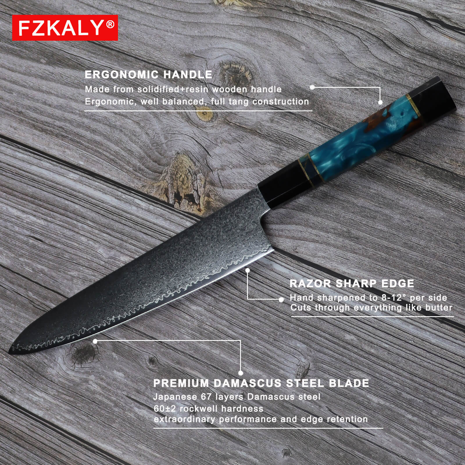 Fzkaly Damascus Kitchen Knife Set, Ergonomic Handle