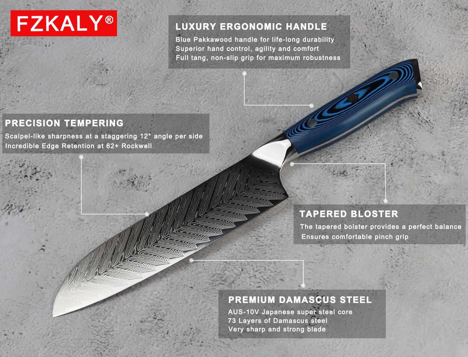 Fzkaly 7 inch Damascus Santoku Knife Desc