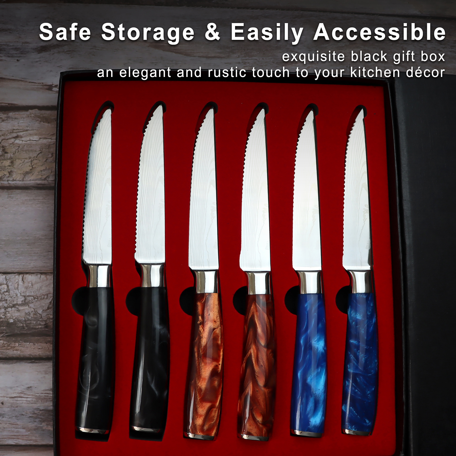 6 Piece Stainless Steel Steak Knife Set with Colorful Resin Handle